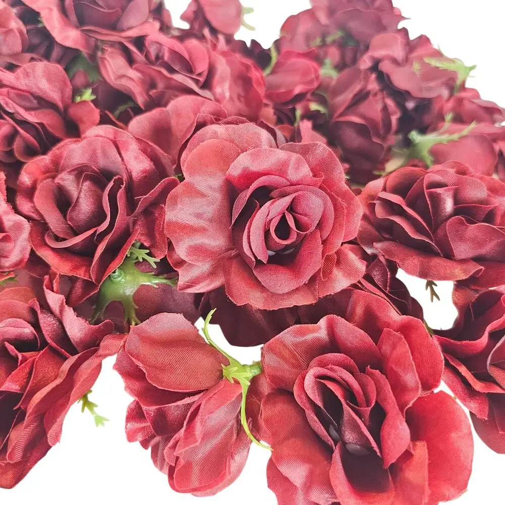 100 Burgundy Red Satin Rose Heads Stemless Wedding Floral Craft DIY 2.5in Flower